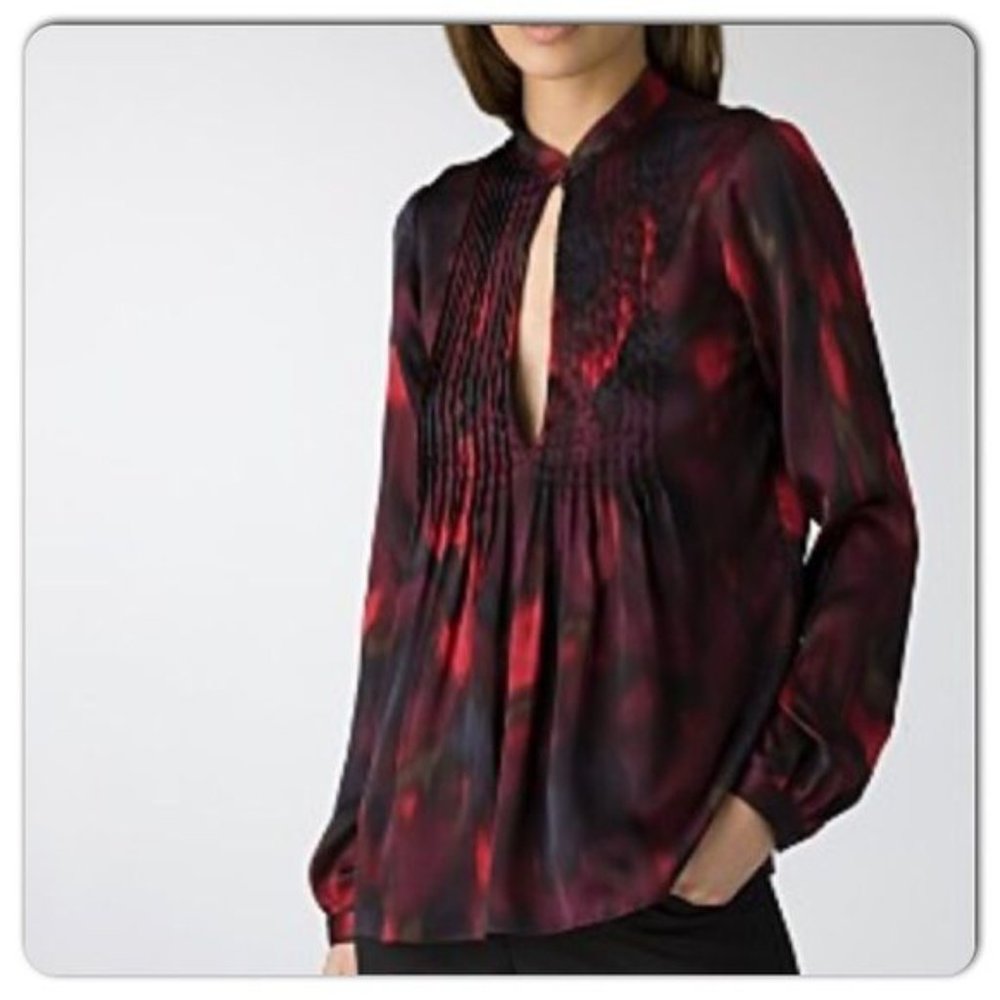 Theory Silk Blouse | Eggplant Purple Watercolor Abstract Print | Size Medium